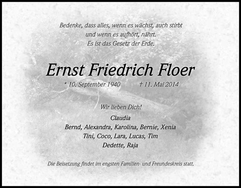  Traueranzeige für Ernst Friedrich Floer vom 31.05.2014 aus Kölner Stadt-Anzeiger / Kölnische Rundschau / Express