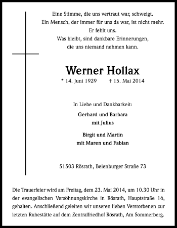 Anzeige von Werner Hollax von Kölner Stadt-Anzeiger / Kölnische Rundschau / Express