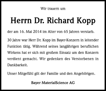 Anzeige von Richard Kopp von Kölner Stadt-Anzeiger / Kölnische Rundschau / Express
