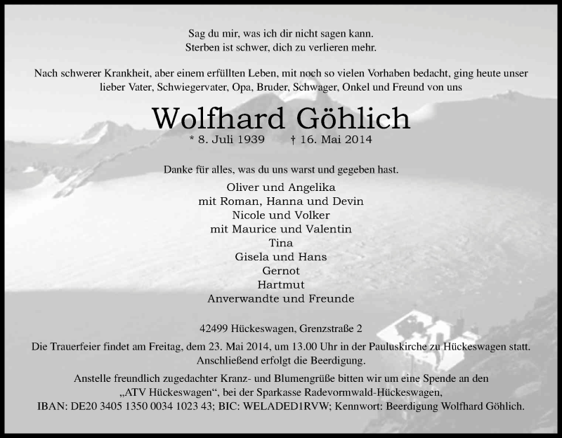  Traueranzeige für Wolfhard Göhlich vom 21.05.2014 aus Kölner Stadt-Anzeiger / Kölnische Rundschau / Express