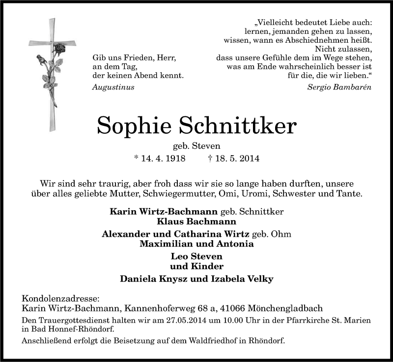  Traueranzeige für Sophie Schnittker vom 24.05.2014 aus Kölner Stadt-Anzeiger / Kölnische Rundschau / Express