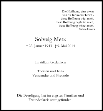 Anzeige von Solveig Metz von Kölner Stadt-Anzeiger / Kölnische Rundschau / Express