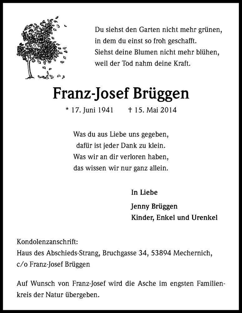  Traueranzeige für Franz-Josef Brüggen vom 21.05.2014 aus Kölner Stadt-Anzeiger / Kölnische Rundschau / Express