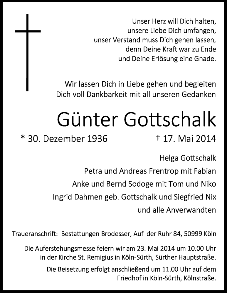  Traueranzeige für Günter Gottschalk vom 21.05.2014 aus Kölner Stadt-Anzeiger / Kölnische Rundschau / Express