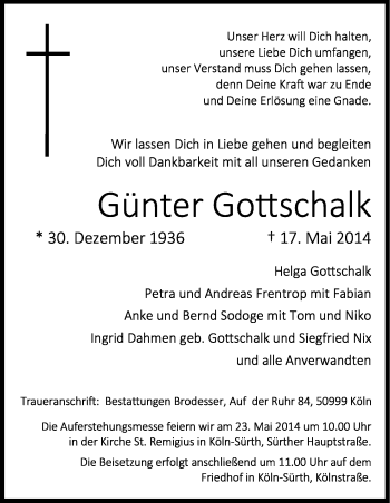 Anzeige von Günter Gottschalk von Kölner Stadt-Anzeiger / Kölnische Rundschau / Express