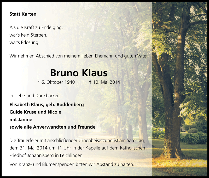  Traueranzeige für Bruno Klaus vom 28.05.2014 aus Kölner Stadt-Anzeiger / Kölnische Rundschau / Express