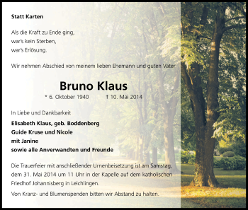 Anzeige von Bruno Klaus von Kölner Stadt-Anzeiger / Kölnische Rundschau / Express