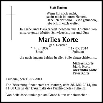 Anzeige von Marlies Korte von Kölner Stadt-Anzeiger / Kölnische Rundschau / Express