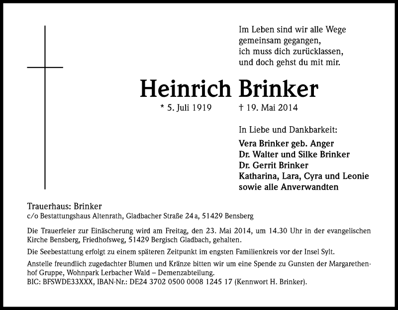  Traueranzeige für Heinrich Brinker vom 21.05.2014 aus Kölner Stadt-Anzeiger / Kölnische Rundschau / Express