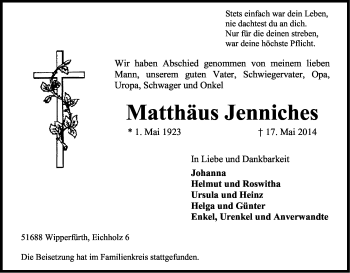 Anzeige von Matthäus Jenniches von Kölner Stadt-Anzeiger / Kölnische Rundschau / Express