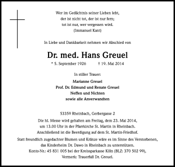 Anzeige von Hans Greuel von Kölner Stadt-Anzeiger / Kölnische Rundschau / Express