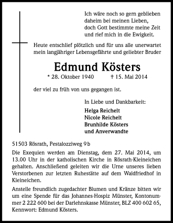 Anzeige von Edmund Kösters von Kölner Stadt-Anzeiger / Kölnische Rundschau / Express