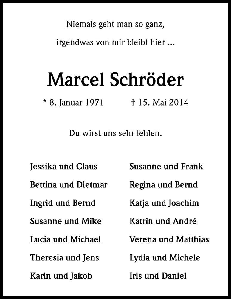  Traueranzeige für Marcel Schröder vom 22.05.2014 aus Kölner Stadt-Anzeiger / Kölnische Rundschau / Express