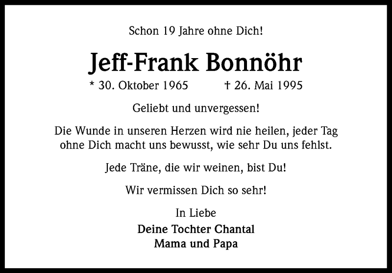  Traueranzeige für Jeff-Frank Bonnöhr vom 24.05.2014 aus Kölner Stadt-Anzeiger / Kölnische Rundschau / Express