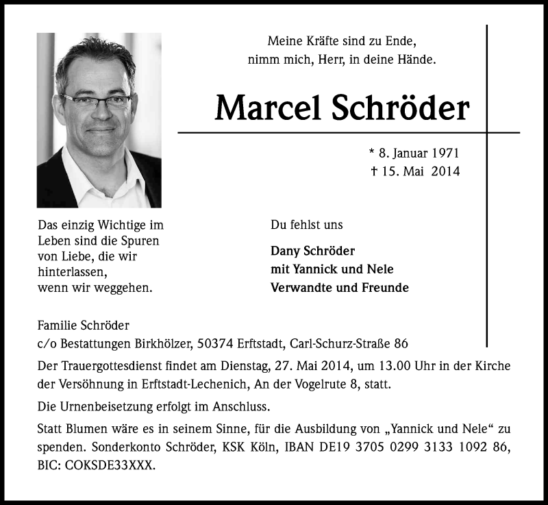  Traueranzeige für Marcel Schröder vom 22.05.2014 aus Kölner Stadt-Anzeiger / Kölnische Rundschau / Express