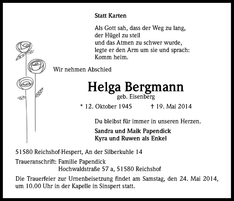  Traueranzeige für Helga Bergmann vom 21.05.2014 aus Kölner Stadt-Anzeiger / Kölnische Rundschau / Express