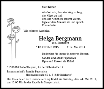 Anzeige von Helga Bergmann von Kölner Stadt-Anzeiger / Kölnische Rundschau / Express