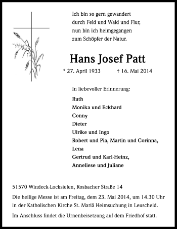 Anzeige von Hans Josef Patt von Kölner Stadt-Anzeiger / Kölnische Rundschau / Express