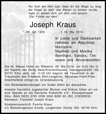 Anzeige von Joseph Kraus von Kölner Stadt-Anzeiger / Kölnische Rundschau / Express