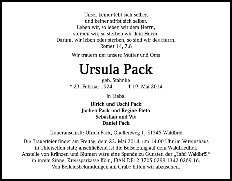  Traueranzeige für Ursula Pack vom 21.05.2014 aus Kölner Stadt-Anzeiger / Kölnische Rundschau / Express