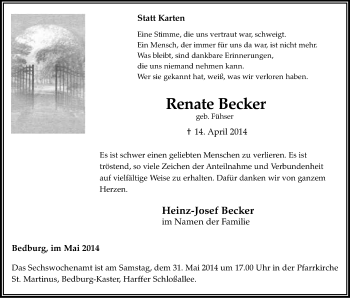 Anzeige von Renate Becker von Kölner Stadt-Anzeiger / Kölnische Rundschau / Express