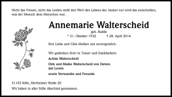 Anzeige von Annemarie Walterscheid von Kölner Stadt-Anzeiger / Kölnische Rundschau / Express