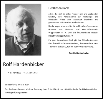 Anzeige von Rolf Hardenbicker von Kölner Stadt-Anzeiger / Kölnische Rundschau / Express
