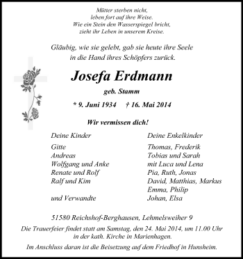 Anzeige von Josefa Erdmann von Kölner Stadt-Anzeiger / Kölnische Rundschau / Express