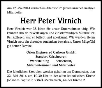 Anzeige von Peter Virnich von Kölner Stadt-Anzeiger / Kölnische Rundschau / Express