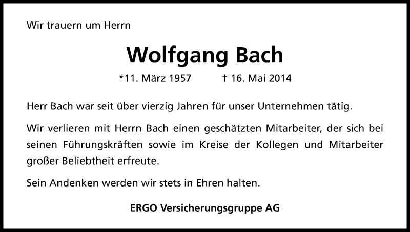  Traueranzeige für Wolfgang Bach vom 21.05.2014 aus Kölner Stadt-Anzeiger / Kölnische Rundschau / Express