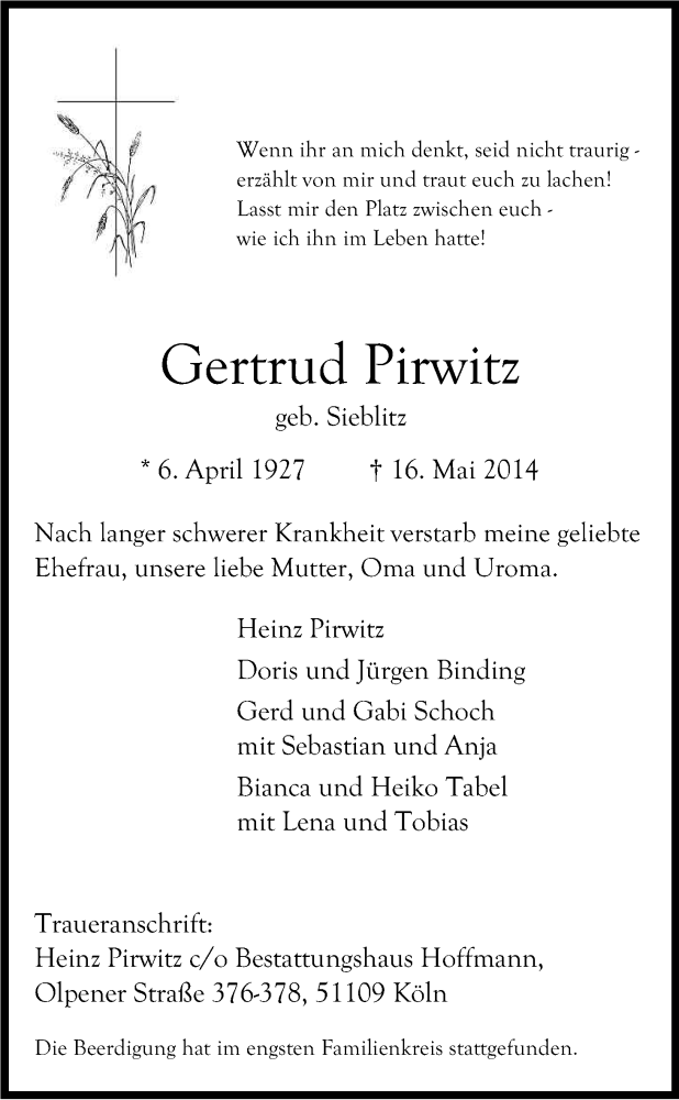  Traueranzeige für Gertrud Pirwitz vom 24.05.2014 aus Kölner Stadt-Anzeiger / Kölnische Rundschau / Express