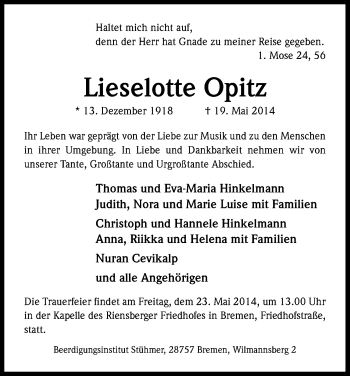 Anzeige von Lieselotte Opitz von Kölner Stadt-Anzeiger / Kölnische Rundschau / Express