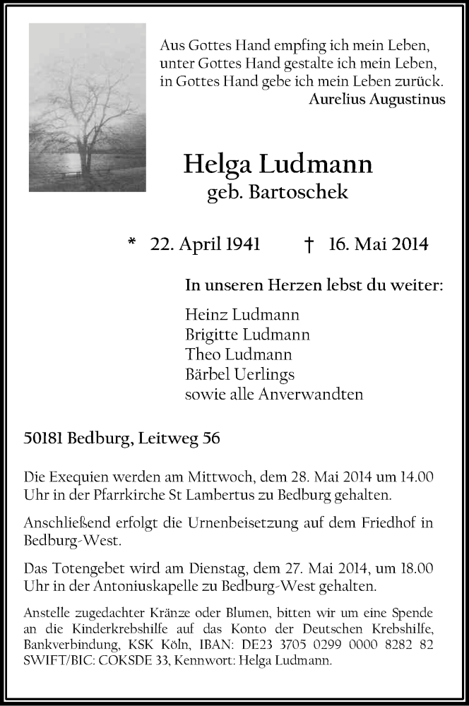  Traueranzeige für Helga Ludmann vom 24.05.2014 aus Kölner Stadt-Anzeiger / Kölnische Rundschau / Express
