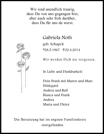 Anzeige von Gabriela Noth von Kölner Stadt-Anzeiger / Kölnische Rundschau / Express