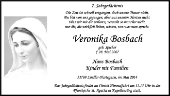 Anzeige von Veronika Bosbach von Kölner Stadt-Anzeiger / Kölnische Rundschau / Express