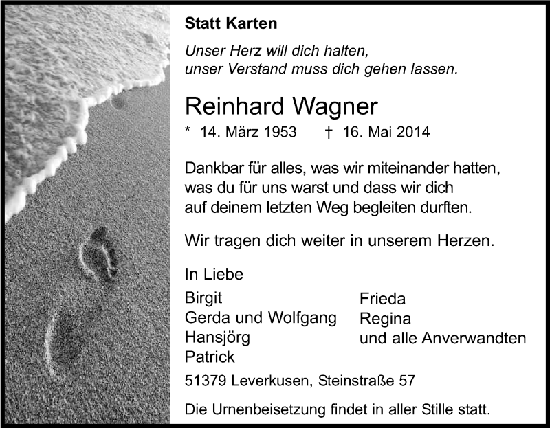  Traueranzeige für Reinhard Wagner vom 24.05.2014 aus Kölner Stadt-Anzeiger / Kölnische Rundschau / Express
