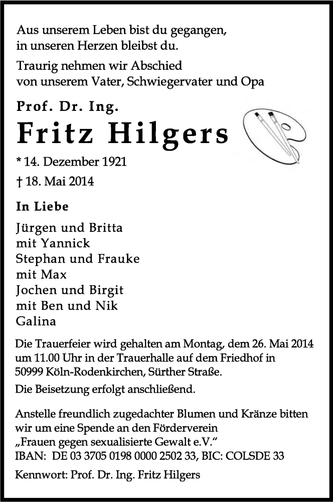  Traueranzeige für Fritz Hilgers vom 24.05.2014 aus Kölner Stadt-Anzeiger / Kölnische Rundschau / Express