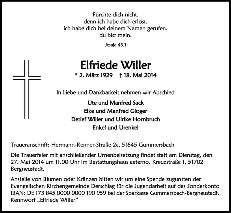  Traueranzeige für Elfriede Willer vom 24.05.2014 aus Kölner Stadt-Anzeiger / Kölnische Rundschau / Express