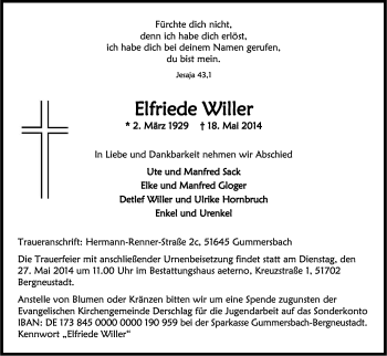 Anzeige von Elfriede Willer von Kölner Stadt-Anzeiger / Kölnische Rundschau / Express