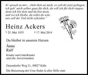 Anzeige von Heinz Ackers von Kölner Stadt-Anzeiger / Kölnische Rundschau / Express