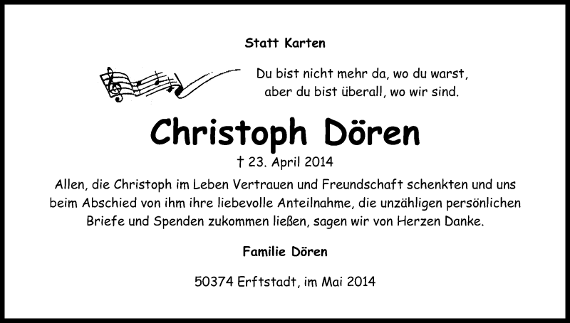  Traueranzeige für Christoph Dören vom 28.05.2014 aus Kölner Stadt-Anzeiger / Kölnische Rundschau / Express