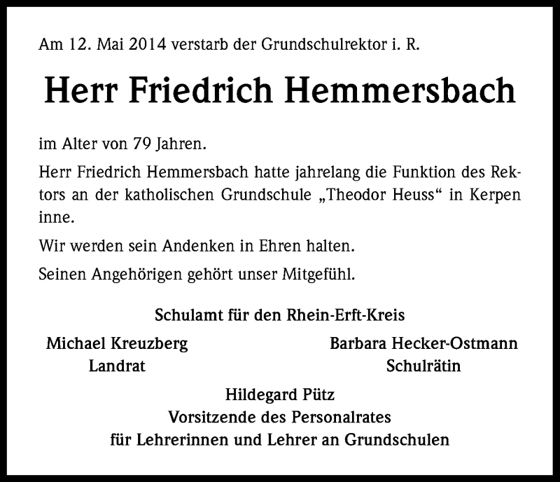  Traueranzeige für Friedrich Hemmersbach vom 22.05.2014 aus Kölner Stadt-Anzeiger / Kölnische Rundschau / Express