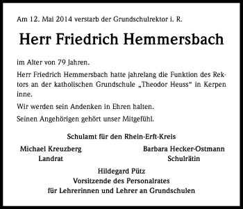 Anzeige von Friedrich Hemmersbach von Kölner Stadt-Anzeiger / Kölnische Rundschau / Express