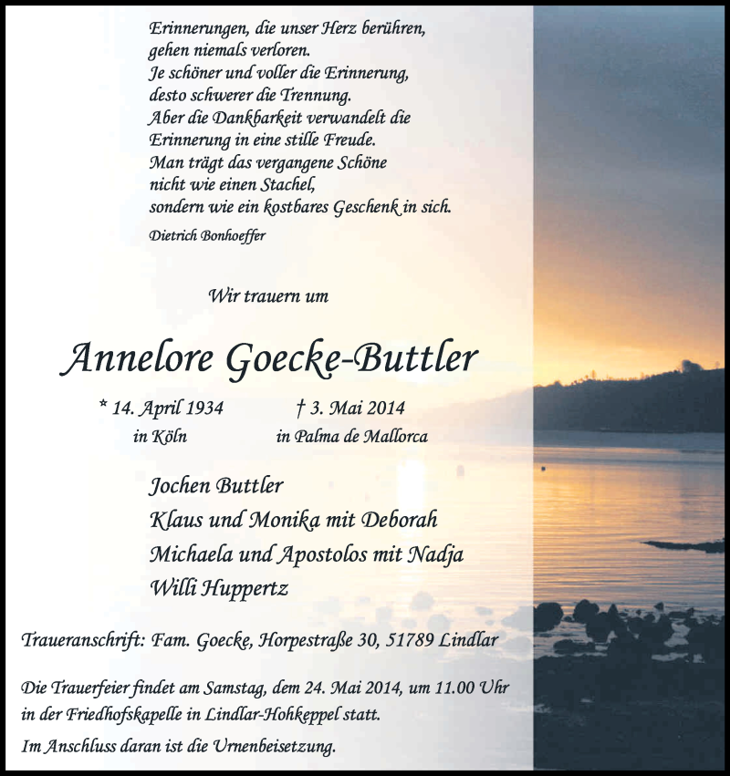  Traueranzeige für Annelore Goecke-Buttler vom 22.05.2014 aus Kölner Stadt-Anzeiger / Kölnische Rundschau / Express