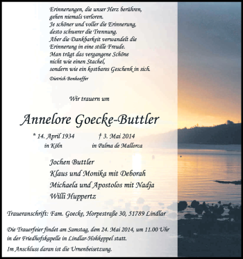 Anzeige von Annelore Goecke-Buttler von Kölner Stadt-Anzeiger / Kölnische Rundschau / Express