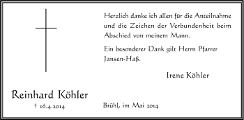 Anzeige von Reinhard Köhler von Kölner Stadt-Anzeiger / Kölnische Rundschau / Express
