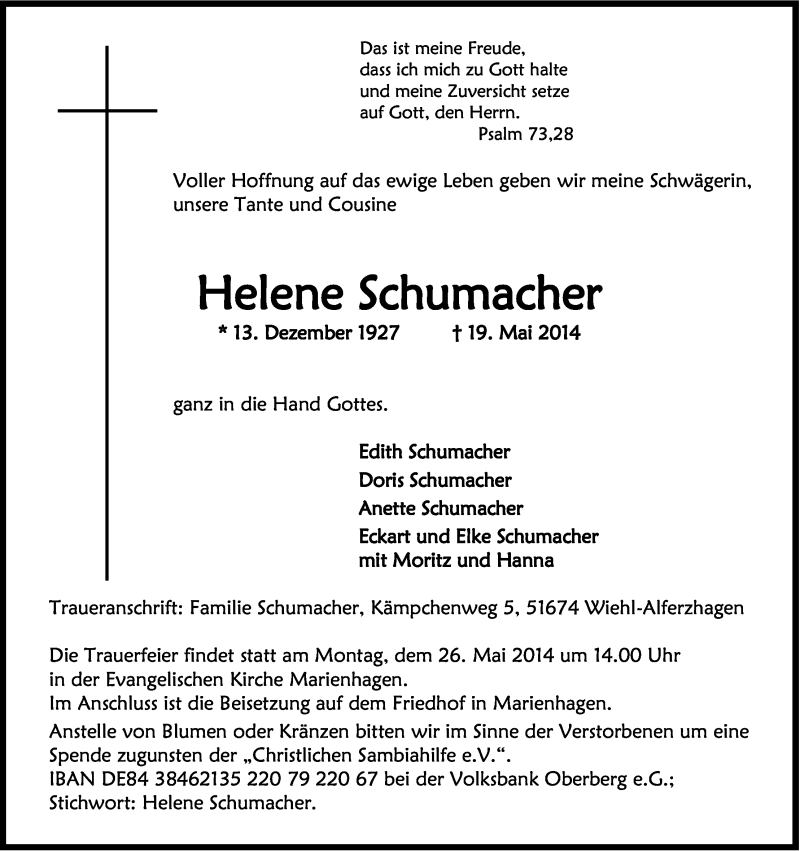  Traueranzeige für Helene Schumacher vom 22.05.2014 aus Kölner Stadt-Anzeiger / Kölnische Rundschau / Express