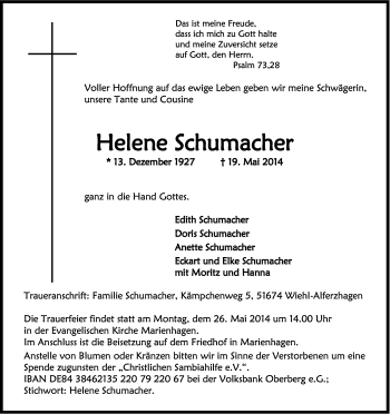 Anzeige von Helene Schumacher von Kölner Stadt-Anzeiger / Kölnische Rundschau / Express