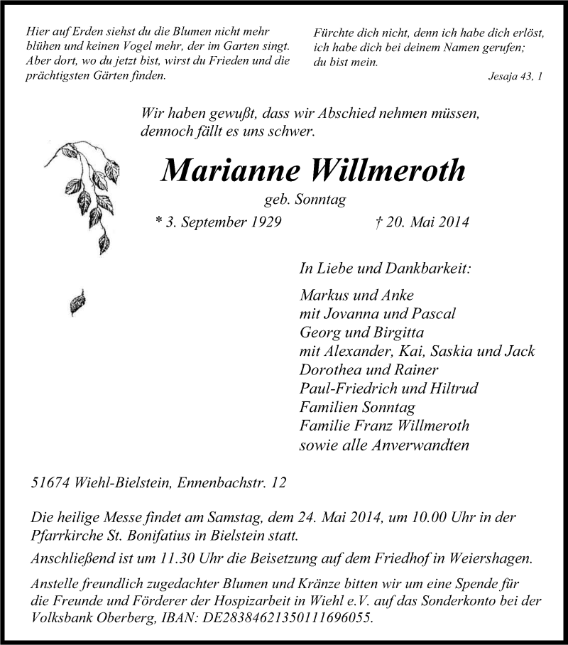  Traueranzeige für Marianne Willmeroth vom 22.05.2014 aus Kölner Stadt-Anzeiger / Kölnische Rundschau / Express