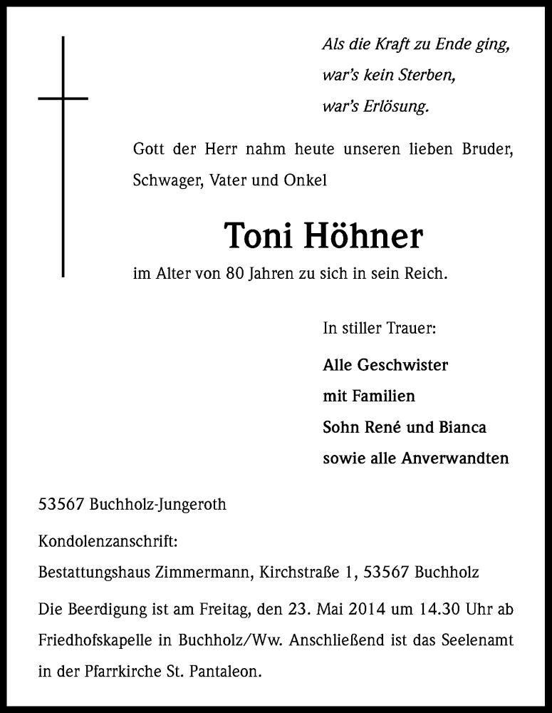  Traueranzeige für Toni Höhner vom 22.05.2014 aus Kölner Stadt-Anzeiger / Kölnische Rundschau / Express